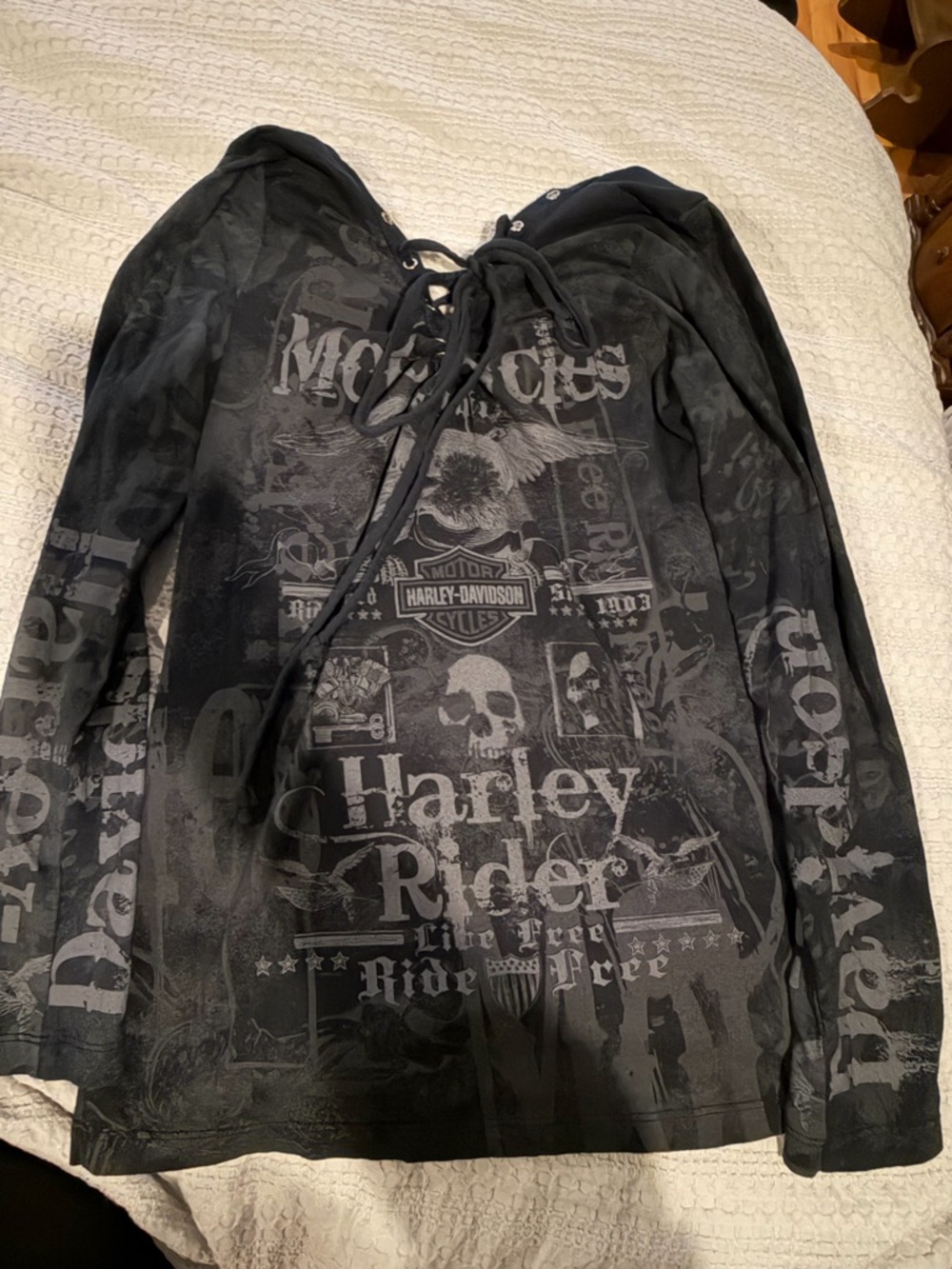 Harley-Davidson Black & Gray Lace-Up Graphic Hoodie